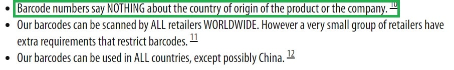 बारकोड क्रमांक उत्पादन/वस्तु किंवा कंपनीच्या मूळ देशाबद्दल काहीही माहिती सांगत नाही.